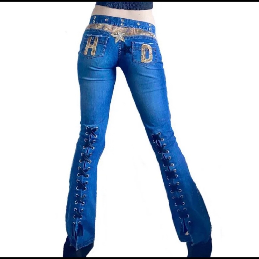 y2k low rise lace up flare jeans